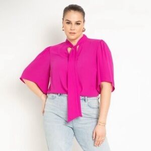 ELOQUII Women's Bow Blouse With Flutter Sleeve Pink Plus Size 28 NWT